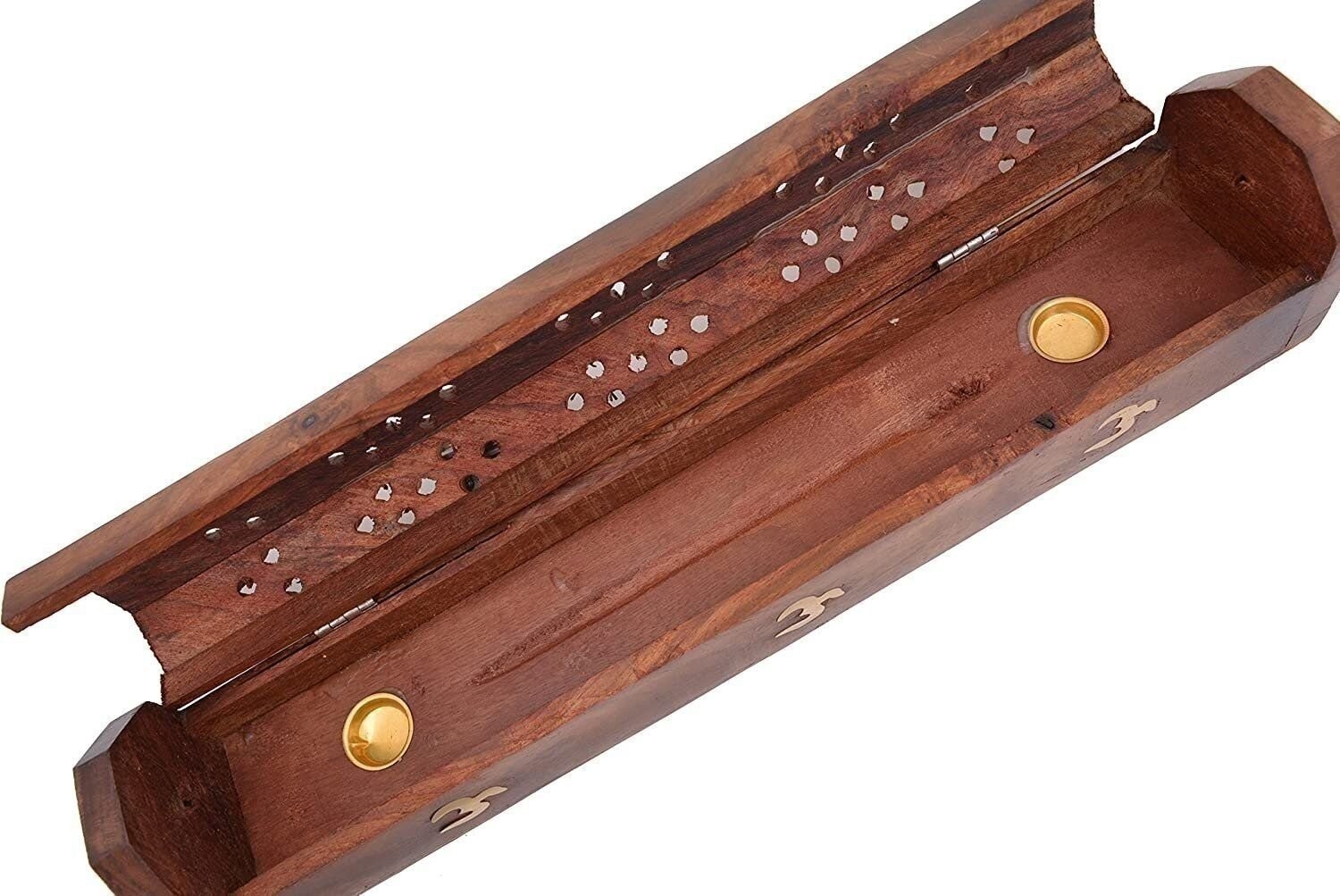 Cavelio ® Rose Wooden Coffin Incense Burner – Jali and Om 12″ – Brass Inlays…