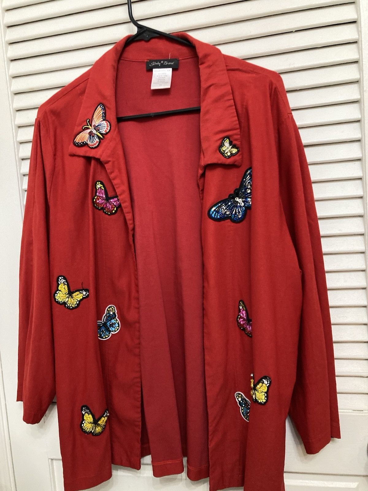 Slinky Brand Jacket Sz 1X Red rhinestone butterflies multi-colored