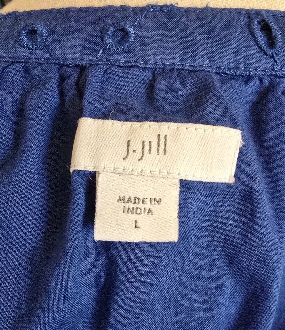 J Jill Eyelet Ruffle Smocked Amalfi Midi Dress L Blue Coastal Boho Lined Pkts