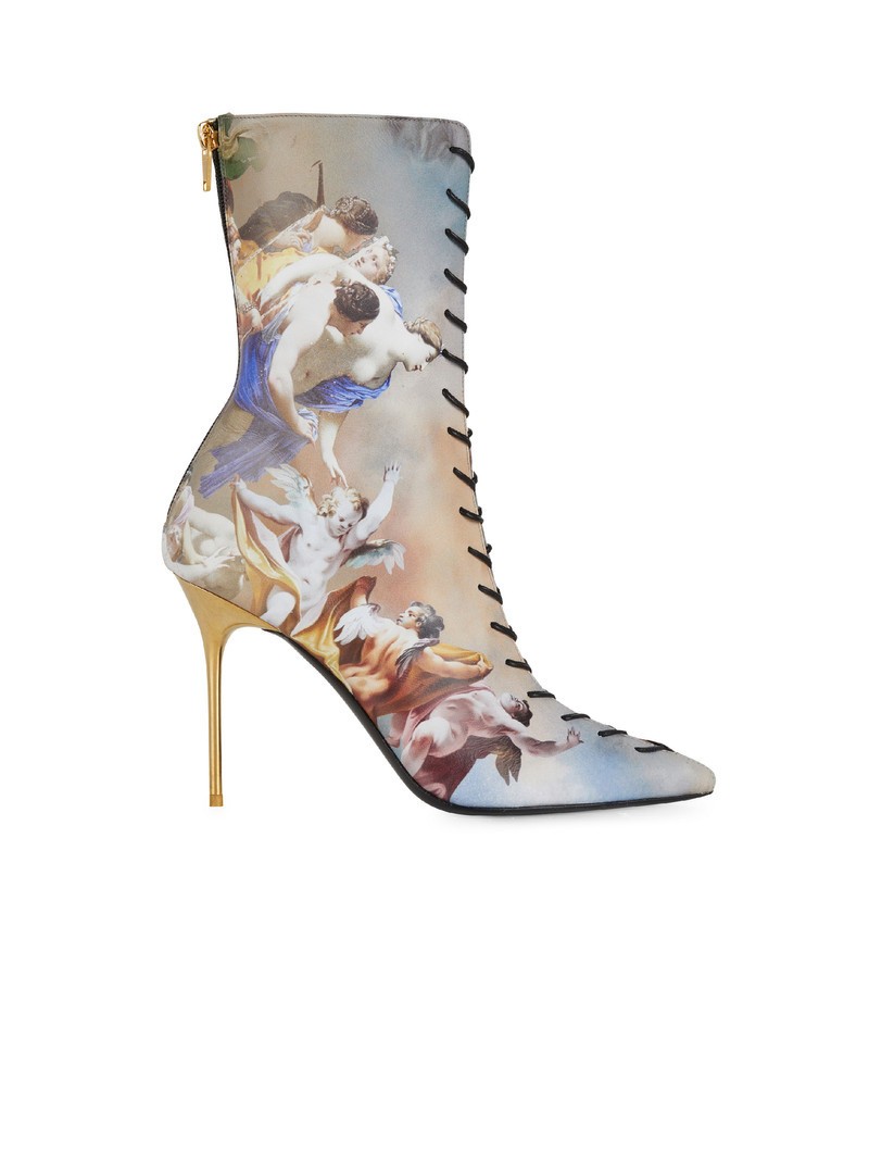Women’s Balmain Sky Print Leather Uria Stiletto Lace Up Ankle Boots New $1695