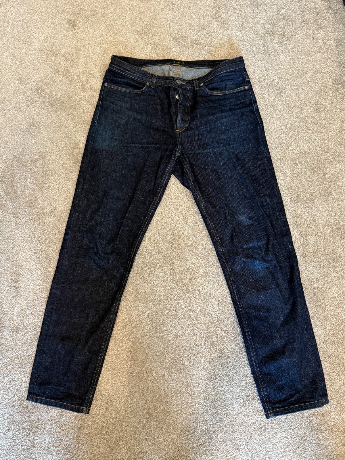 Asket Men’s Raw Denim Jeans 33×32 Regular, Blue, Cotton, Made in Italy