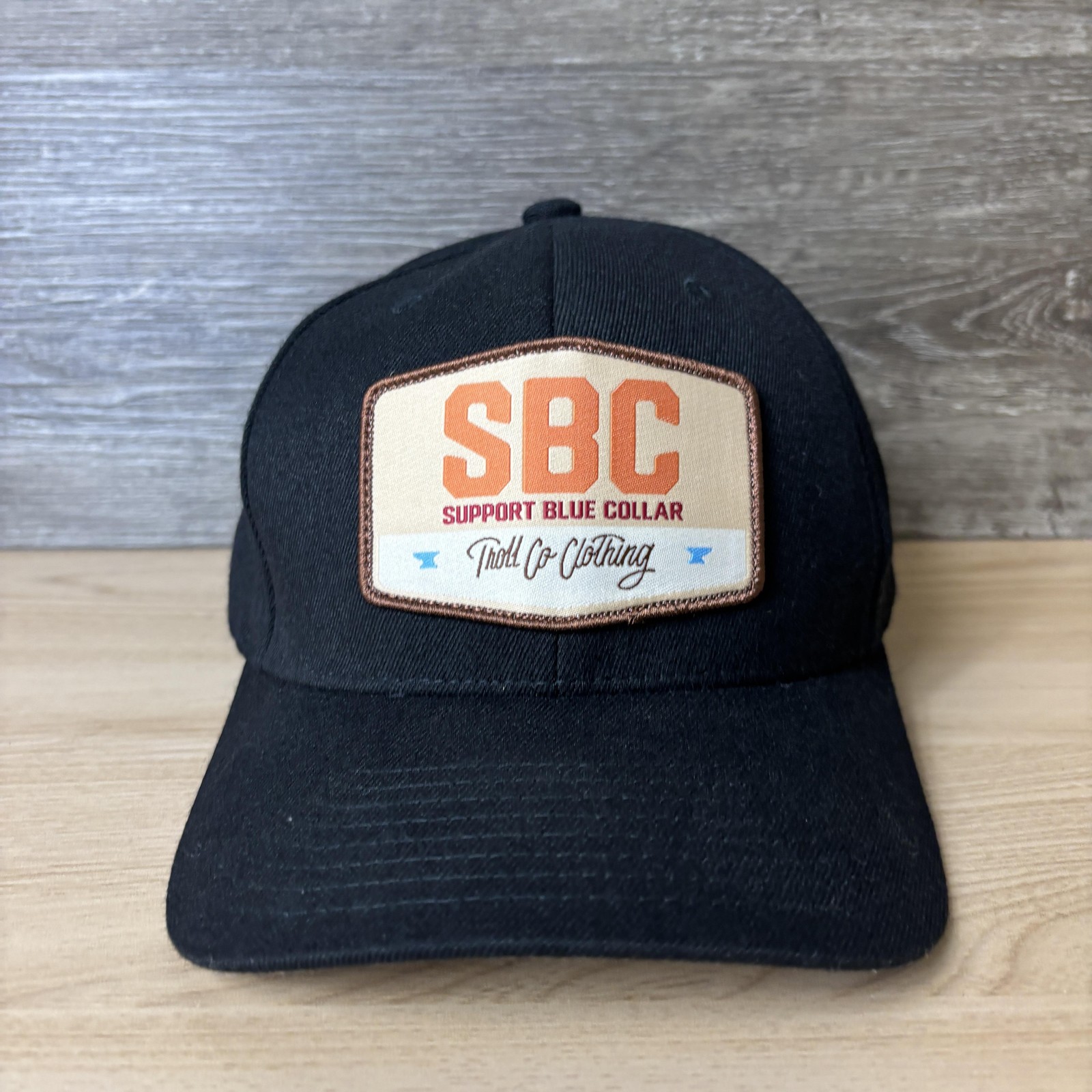 Troll Co Clothing Hat Cap Fitted Mens L-XL Black Patch Support Blue Collar SBC