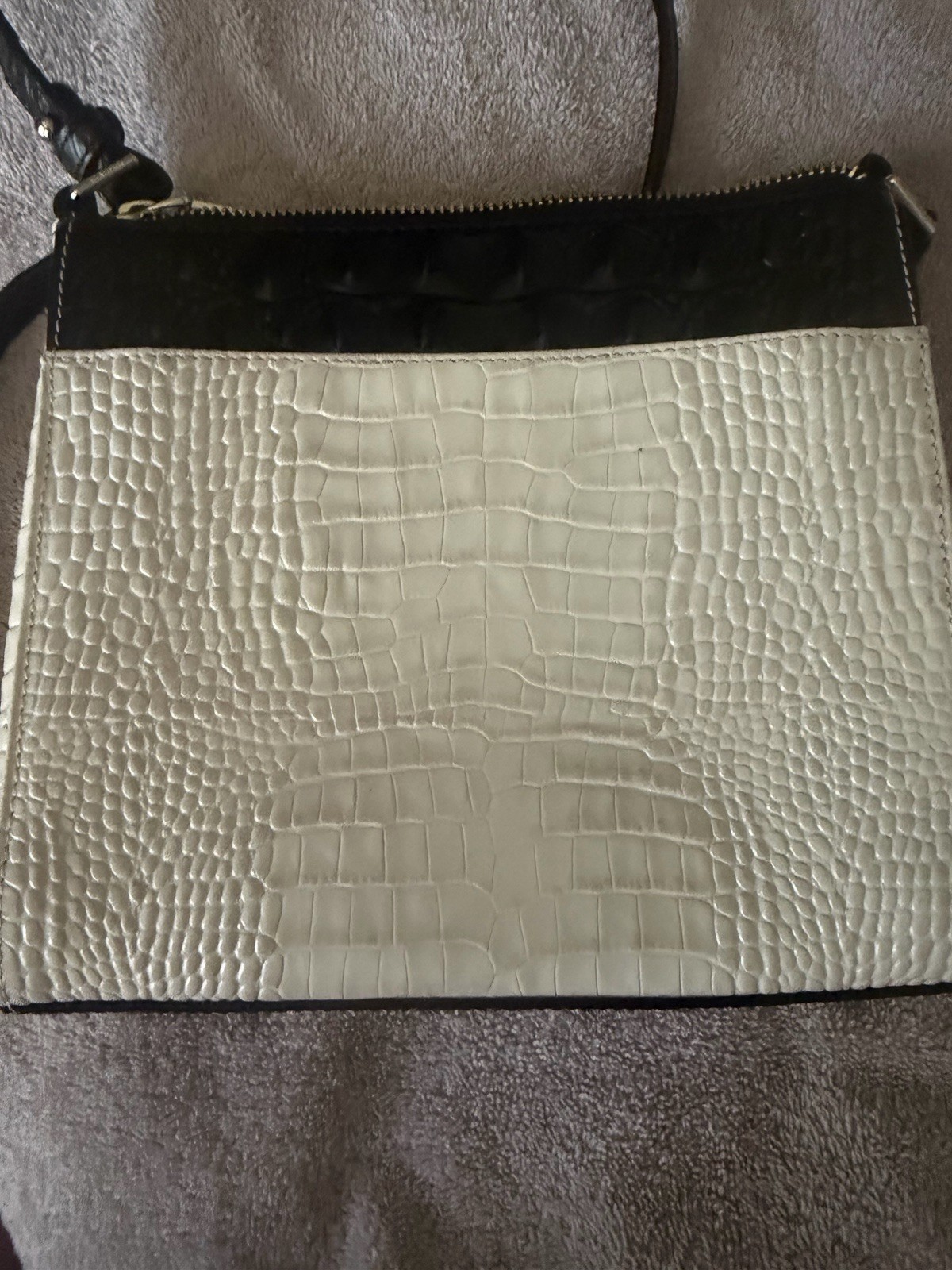Brahmin Black/Ivory Embossed Animal Print Small Crossbody Zip Turn Lock Gold