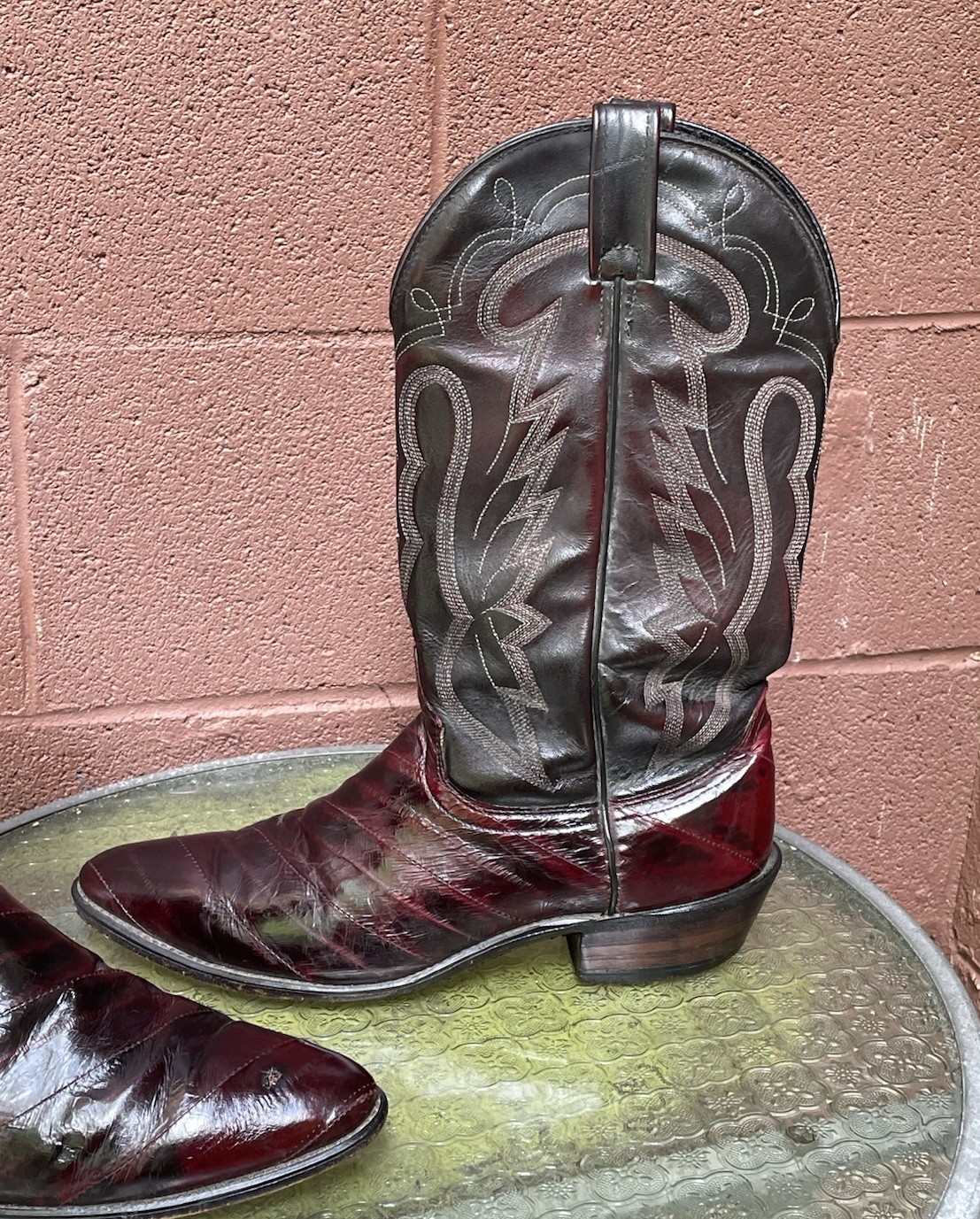 J. Chisholm Vintage Ox Blood Eel Skin Exotic Leather Cowboy Boots Size 10 D Men