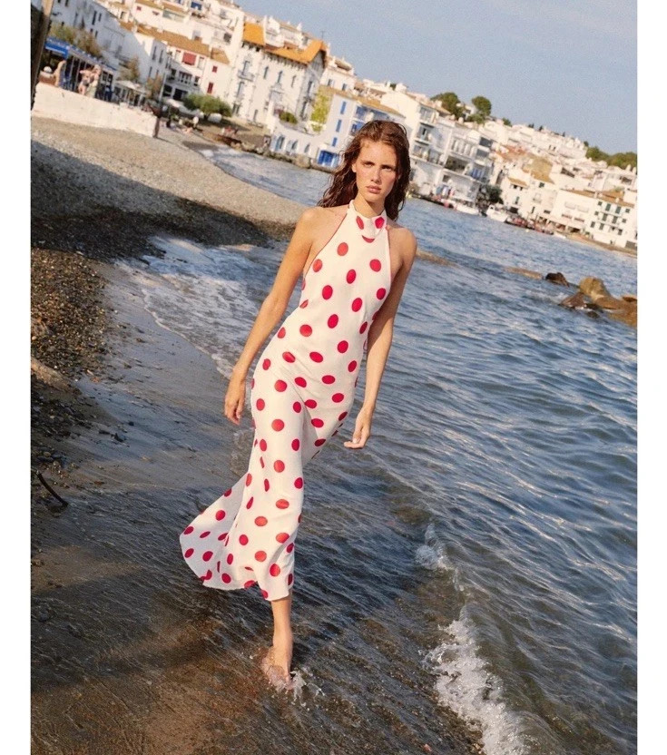 ZARA NEW WOMAN SS26 POLKA DOT HALTER MIDI DRESS White / Red 5029/263