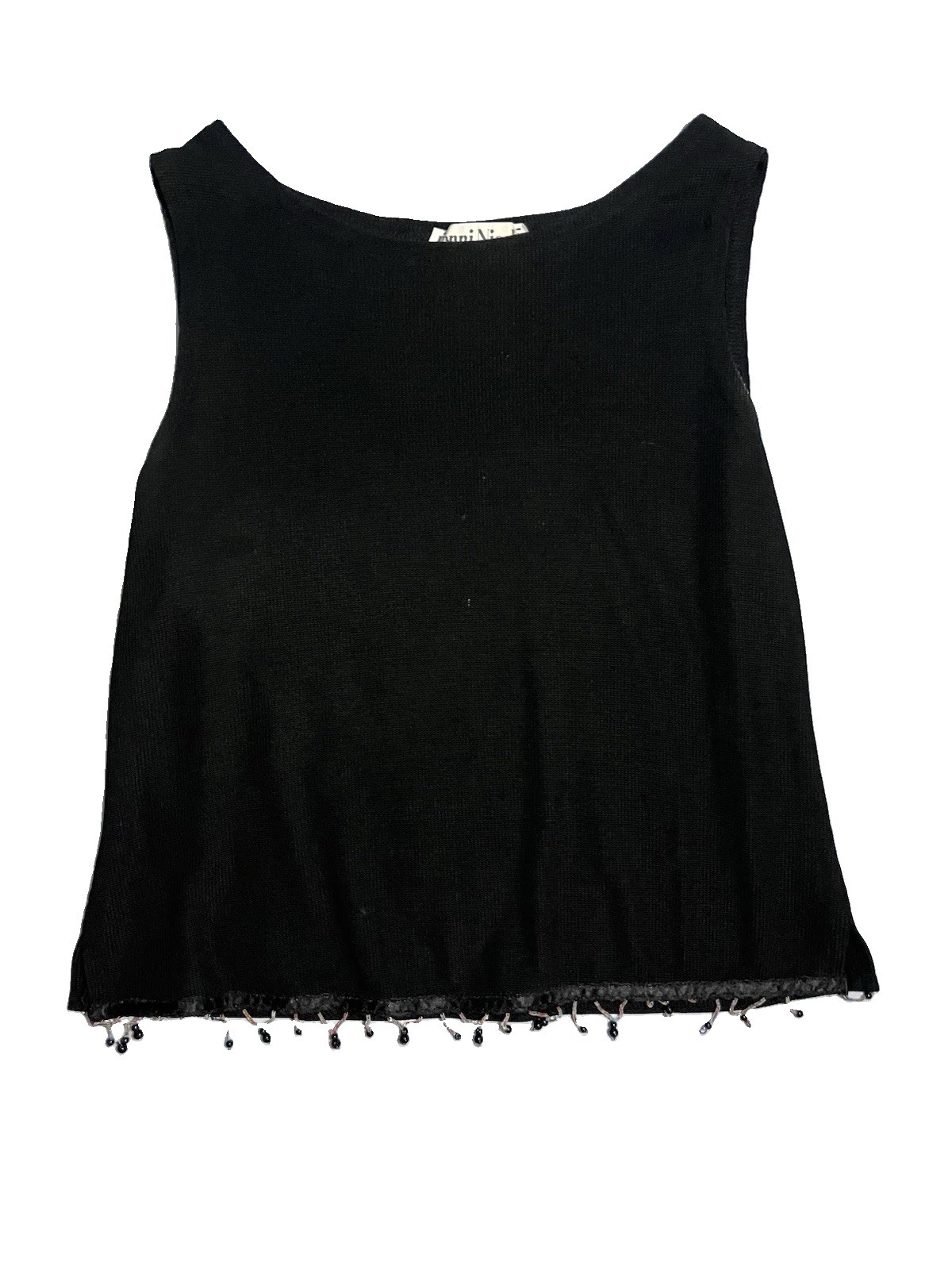 Vintage Ronni Nicole Petite Black Sleeveless Blouse Top with Beaded Fringe Hem