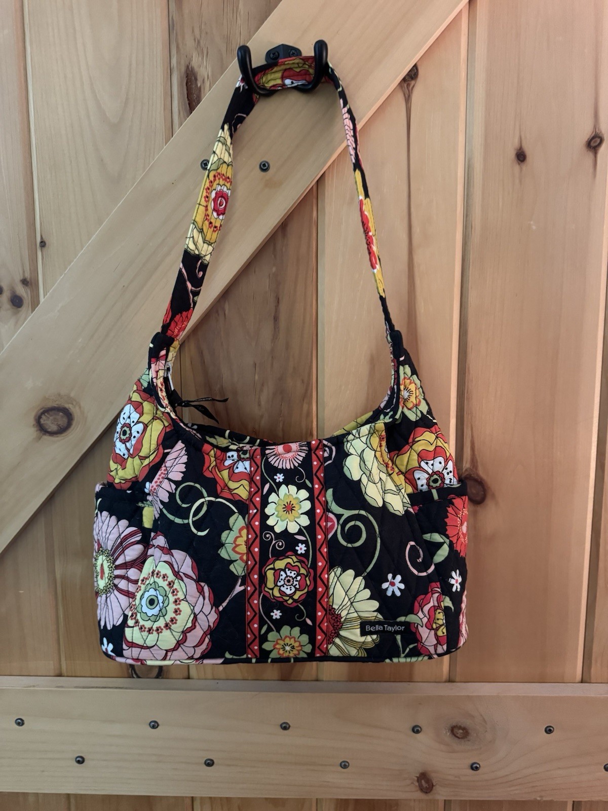 Bella Taylor Floral On Black Quilted Cotton Hobo Bag