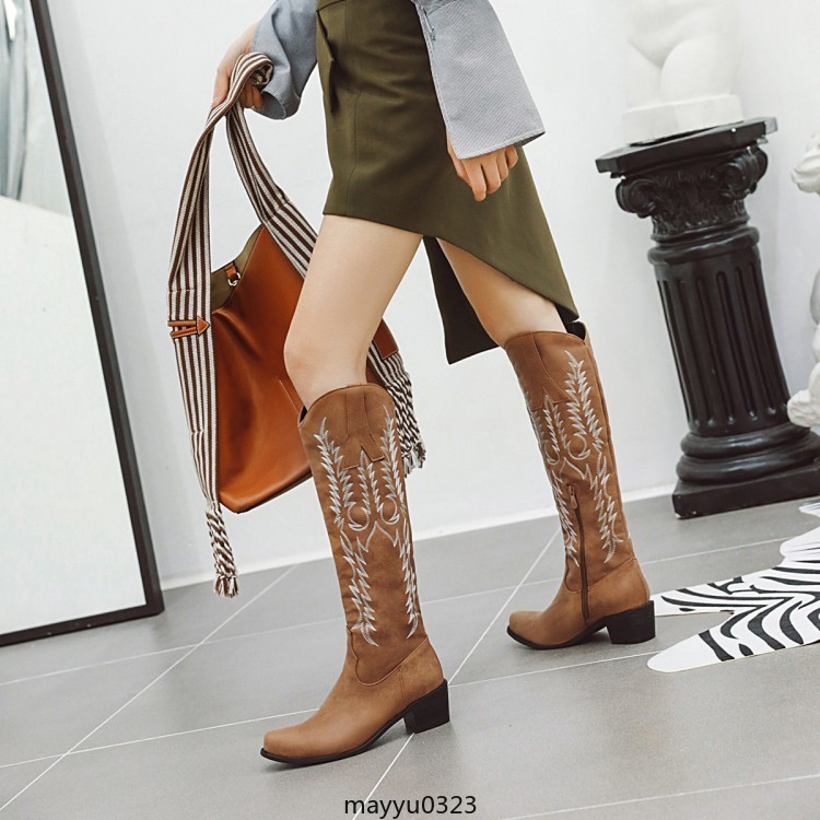 Womens Embossed Zip Mid Block Heel Cowgirl Mid Calf Knee High Boots Western PLus