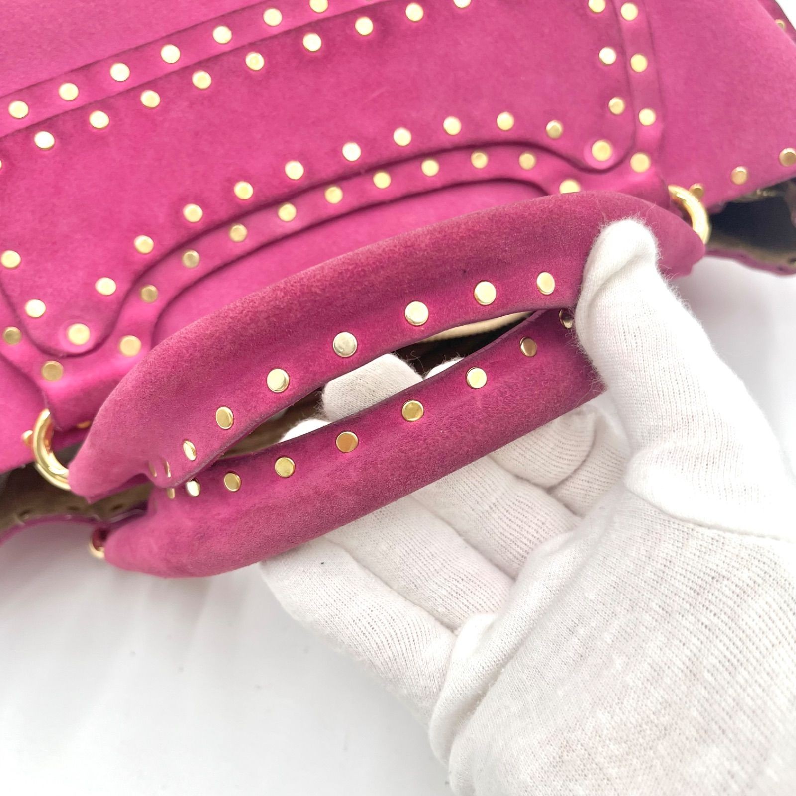 Auth Celine Boogie Bag Y2K Studded Suede Leather Handbag, Pink 2Y10216