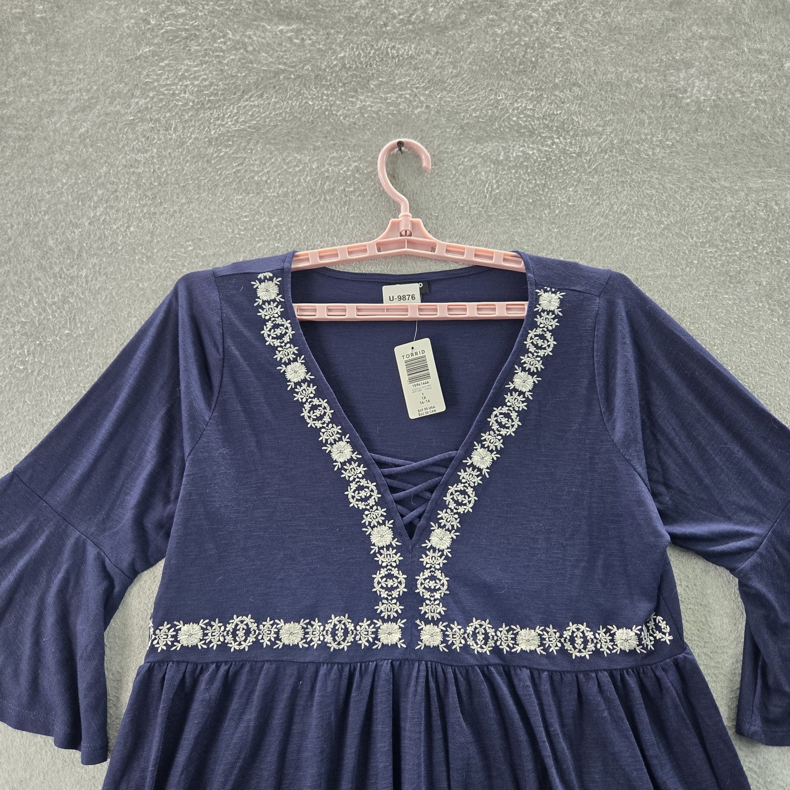 Torrid Women Blouse 1X Navy Blue Peplum Floral Embroidery V-Neck Babydoll