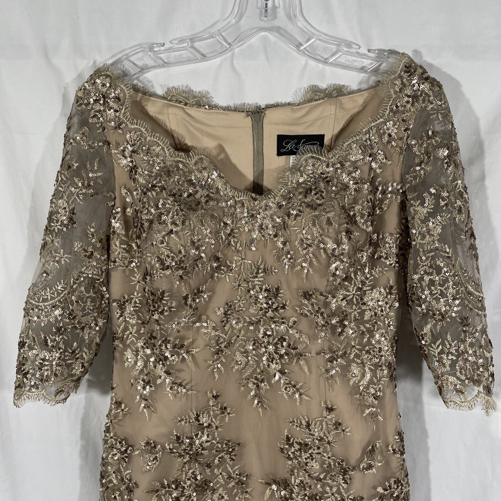 NEW $378 La Femme [ 8 ] Embroidered Sheath Cocktail Dress in Champagne #S179