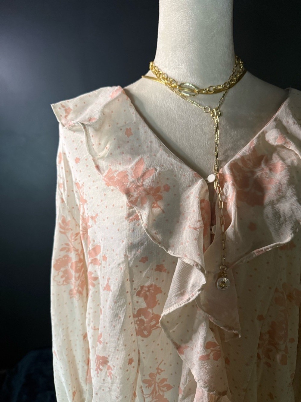Free People Peach Floral Ruffle Tie-Front Blouse