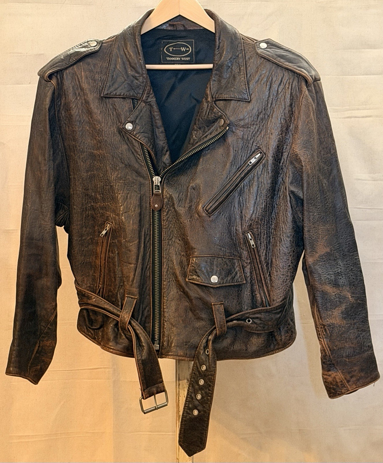 Vtg Tannery West Leather Motorcycle Jacket Mens XL Distressed Asymmetrical Biker