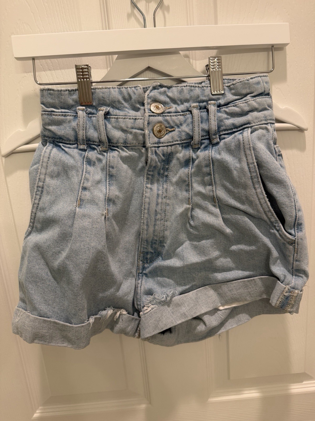 Zara paperbag 0 high rise pleated shorts denim blue jean women
