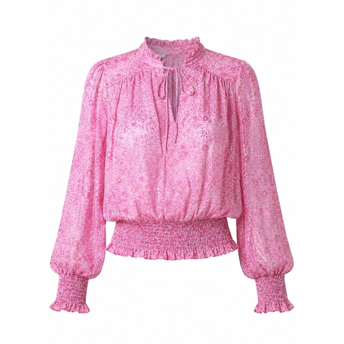 JOIE | Pink Floral Gold Metallic Semi Sheer Tie Neck Romantic Boho Blouse | M