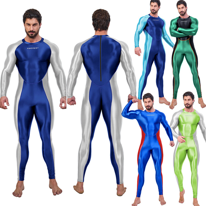AMORESY Men’s Shiny Jumpsuits Tracksuits Cycling Tights Overalls Activewear Sets