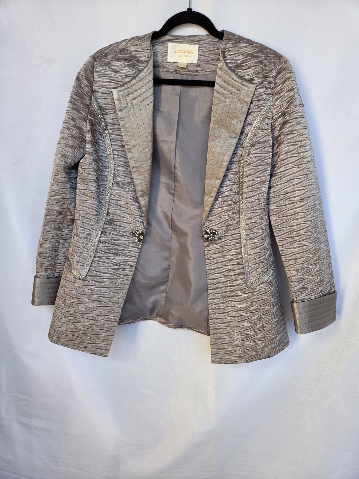Giovanna Signature Women’s Gray Beaded Hook & Eye Lined Blazer Jacket Size 10