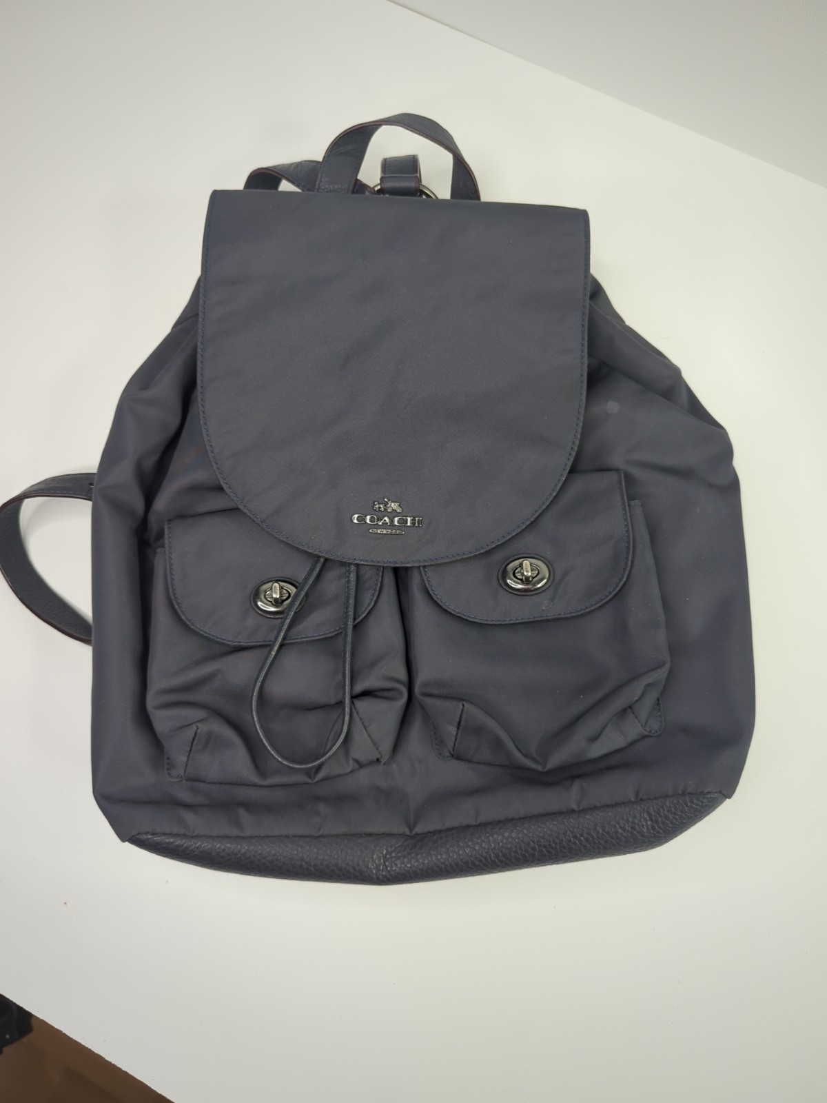 Coach Billie Navy Nylon & Pebbled Leather Turn Lock Drawstring Backpack