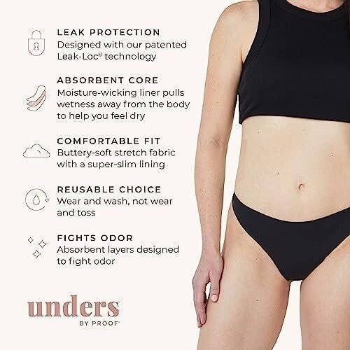 3 Pack Unders Period Proof Thong Underwear XL Black Light Absorbency Reusable