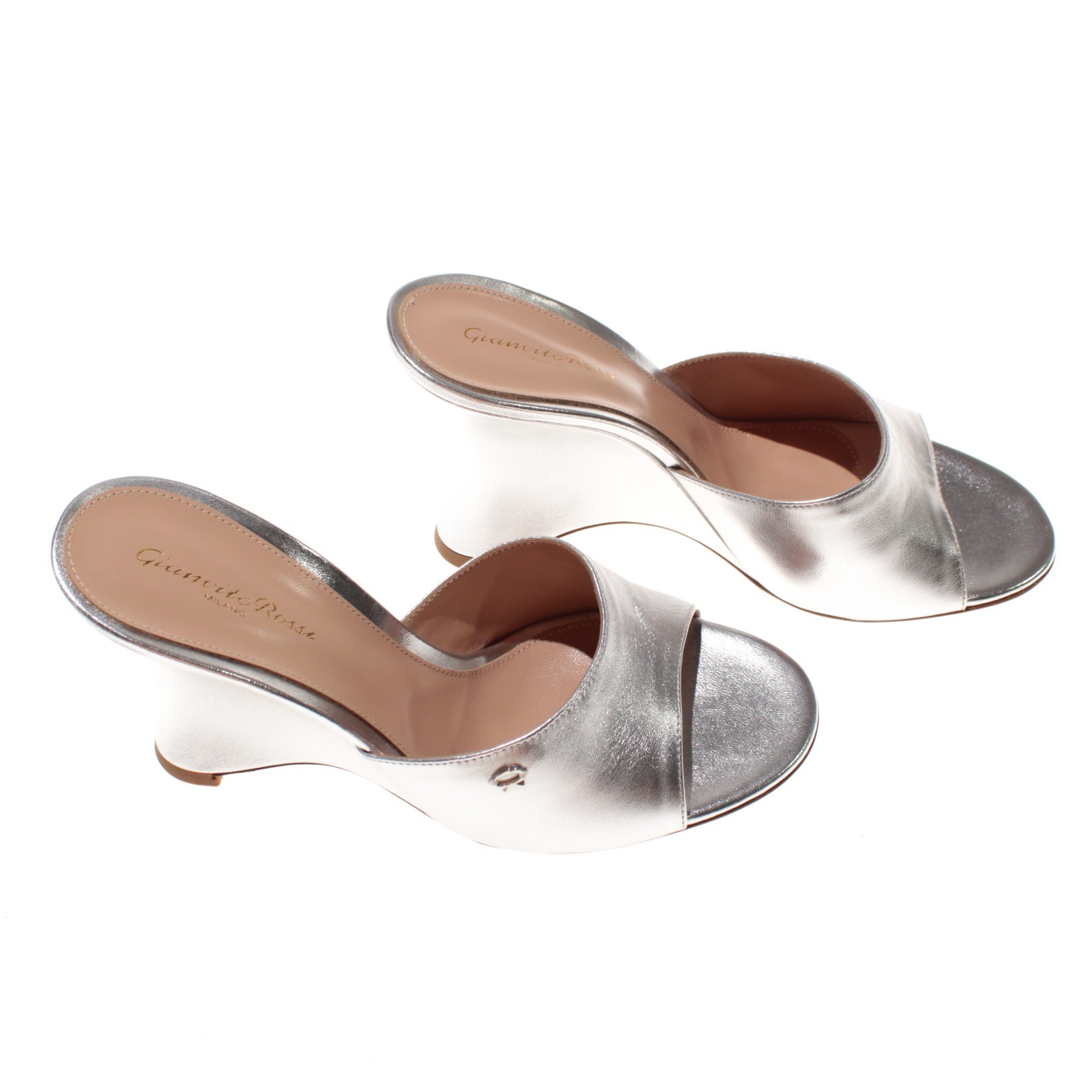 Gianvito Rossi NWB Wedge Sandals Size 40.5 (US 10.5) in Silver Leather & Silk