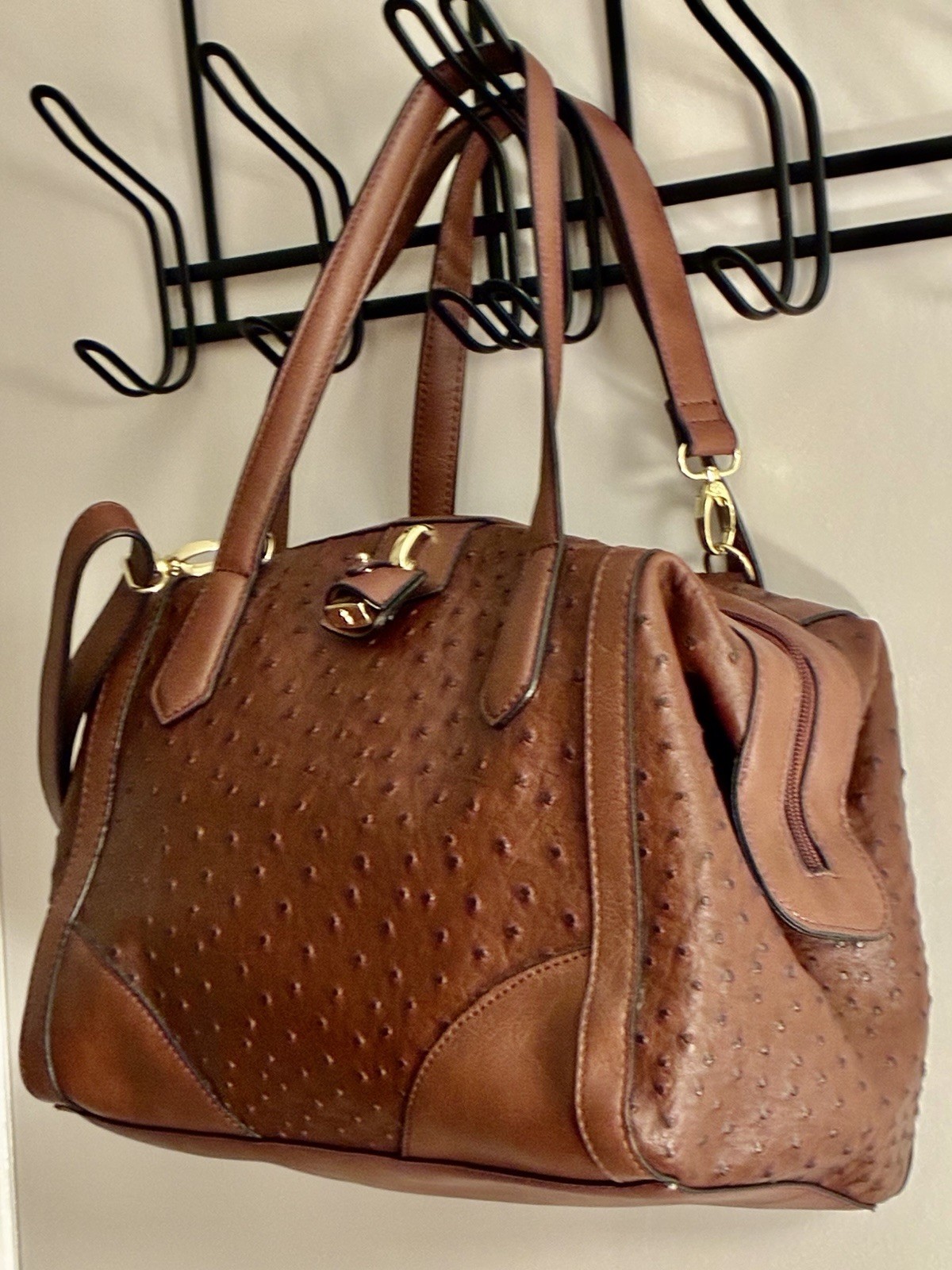 Women’s Brown Ostrich Pattern Satchel Top Handle Bag, Detachable Strap, Zip