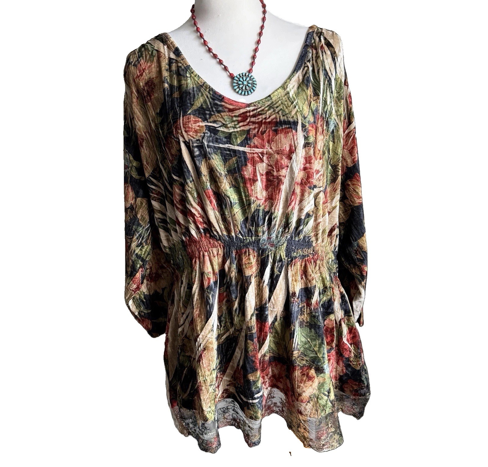 A Rare Bird NWT Floral Crushed Velvet Tunic Top w Pockets & Lace One SZ S M L XL