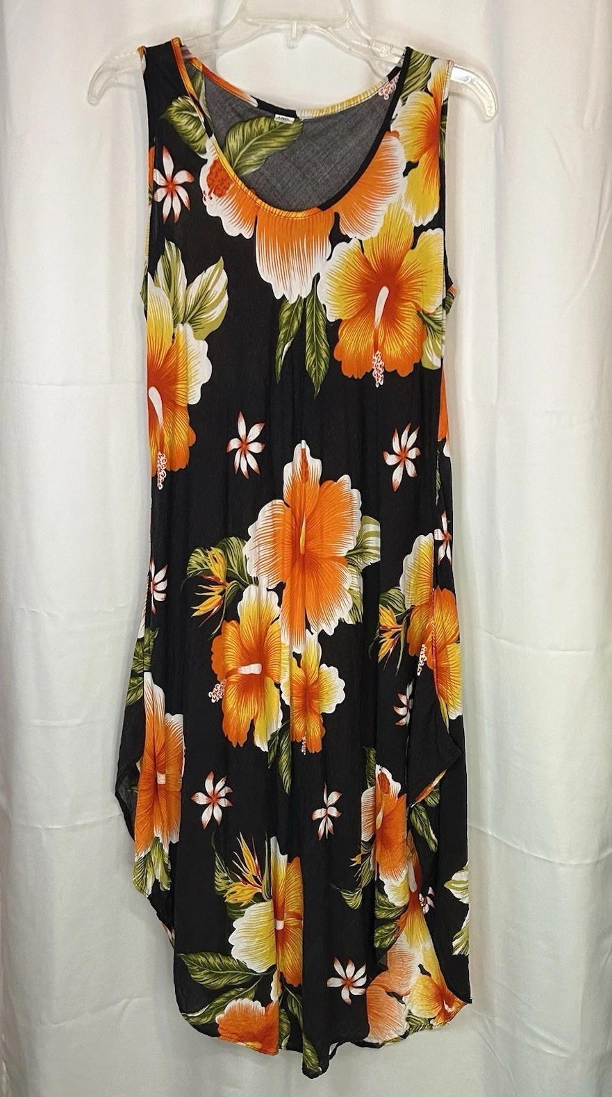 Sleeveless Vibrant Orange Hawaiian Floral Umbrella Dress Scoop Neck Aloha Wear