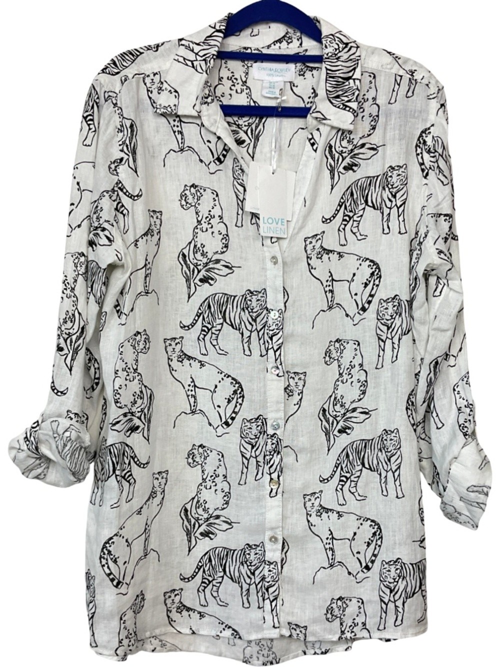 Cynthia Rowley 100% Linen Wild Cat Print Roll Tab Sleeve Top White M NWT