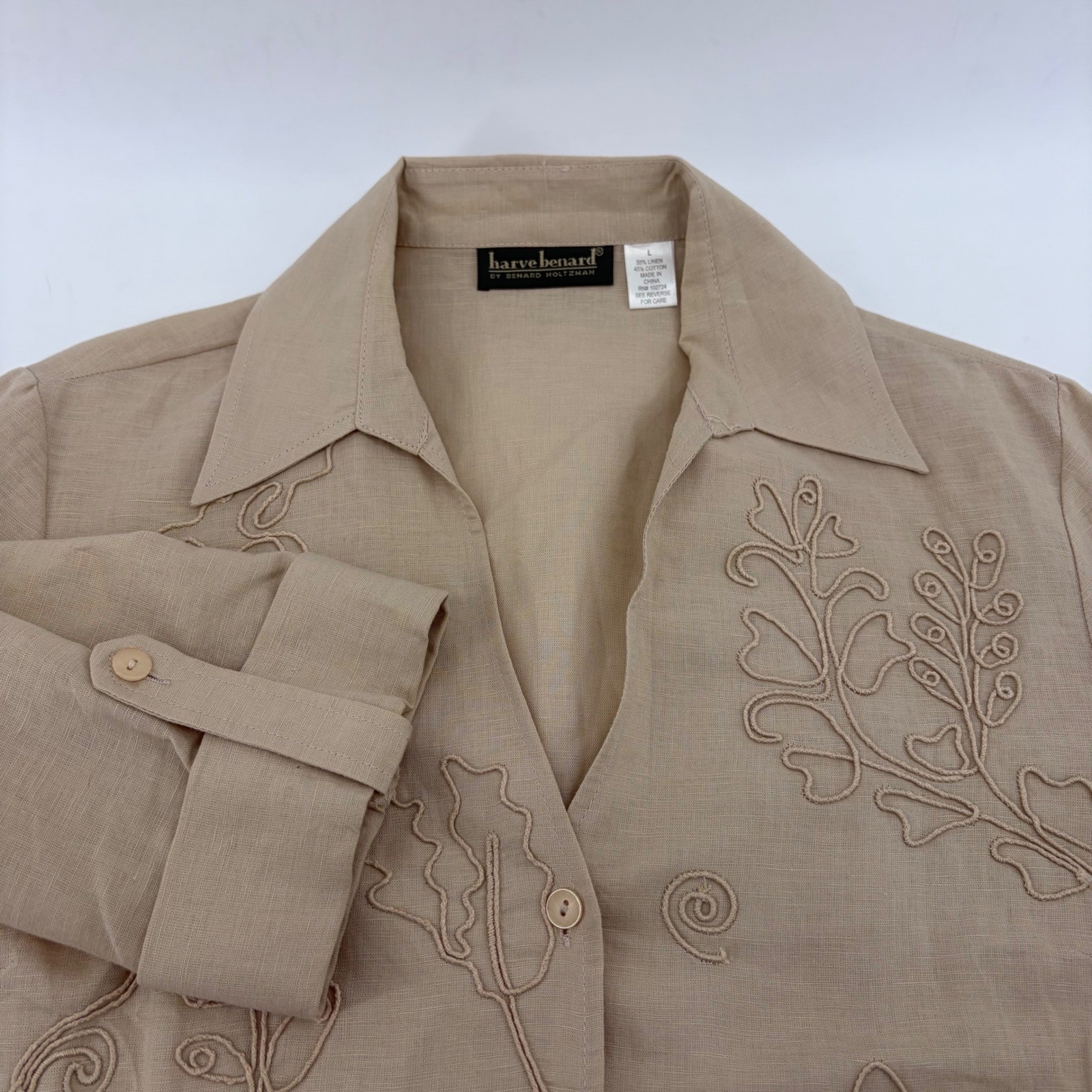 Harve Benard Linen Cotton Floral Soutache Embroidered Button Up Blouse Beige L
