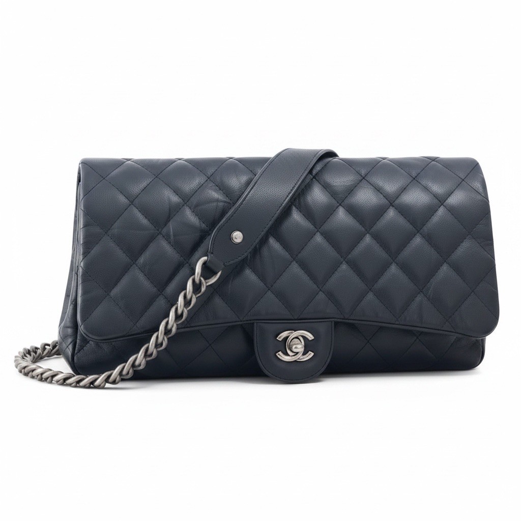 Chanel Navy Blue Classic Flap Bag ruthenium hardware MAXI Jumbo