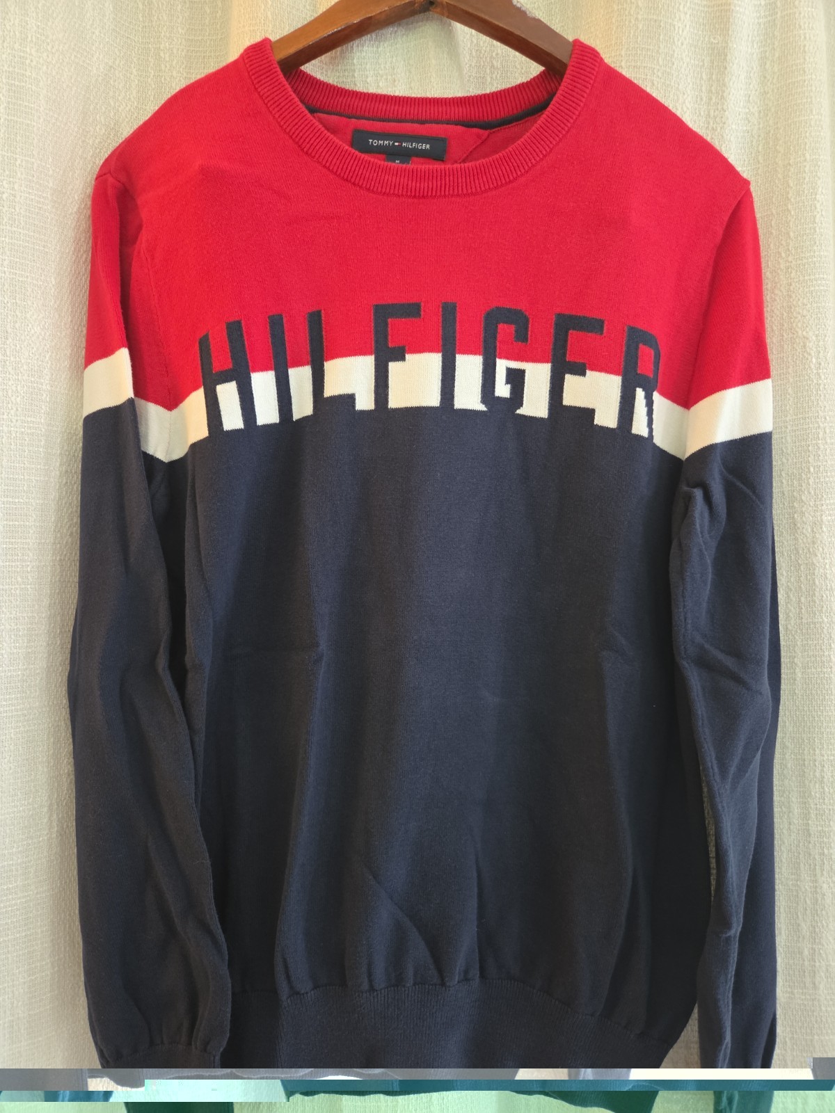 Vintage TOMMY HILFIGER Sweater Adult Med Logo Preppy College Stripe Colorblock