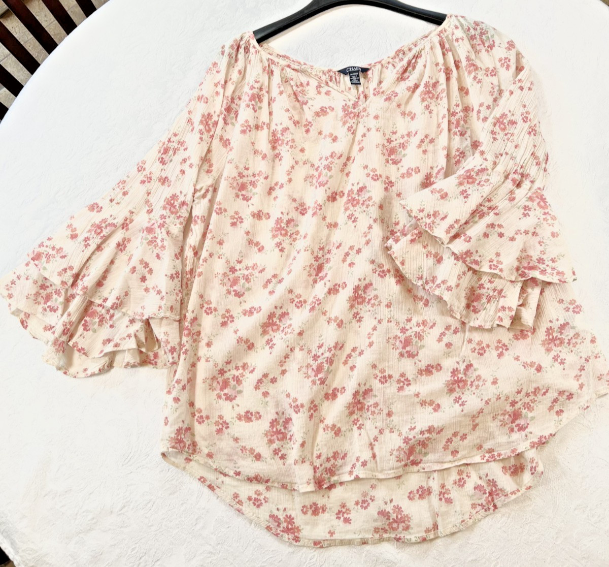 Chaps Floral Peasant Top Bell Double Ruffle Sleeves Size 1X Cotton Boho 004
