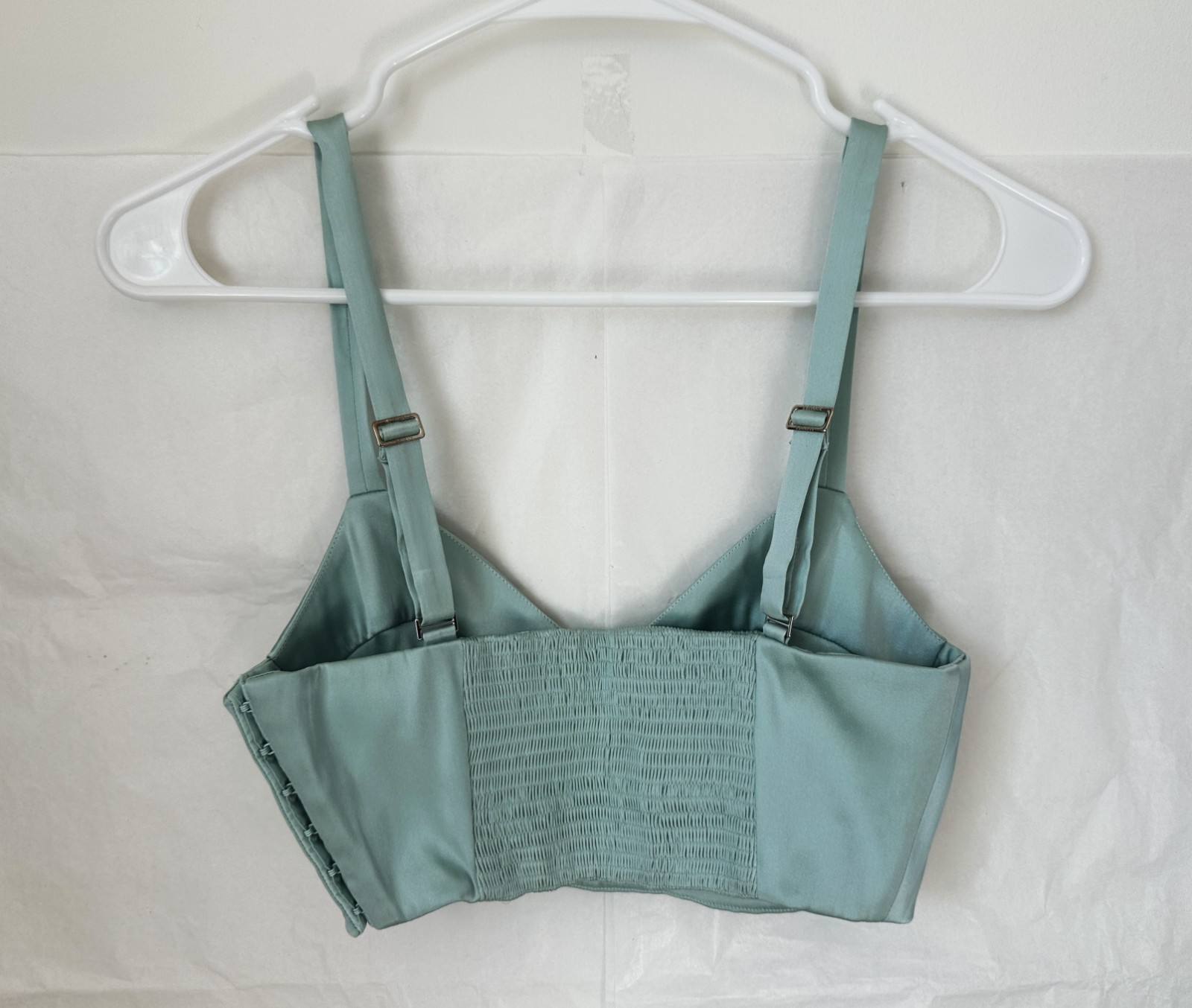 La Perla Turquoise Silk V Neck Shirred Back Panel Hook Eye Crop Top 4 US 40 IT