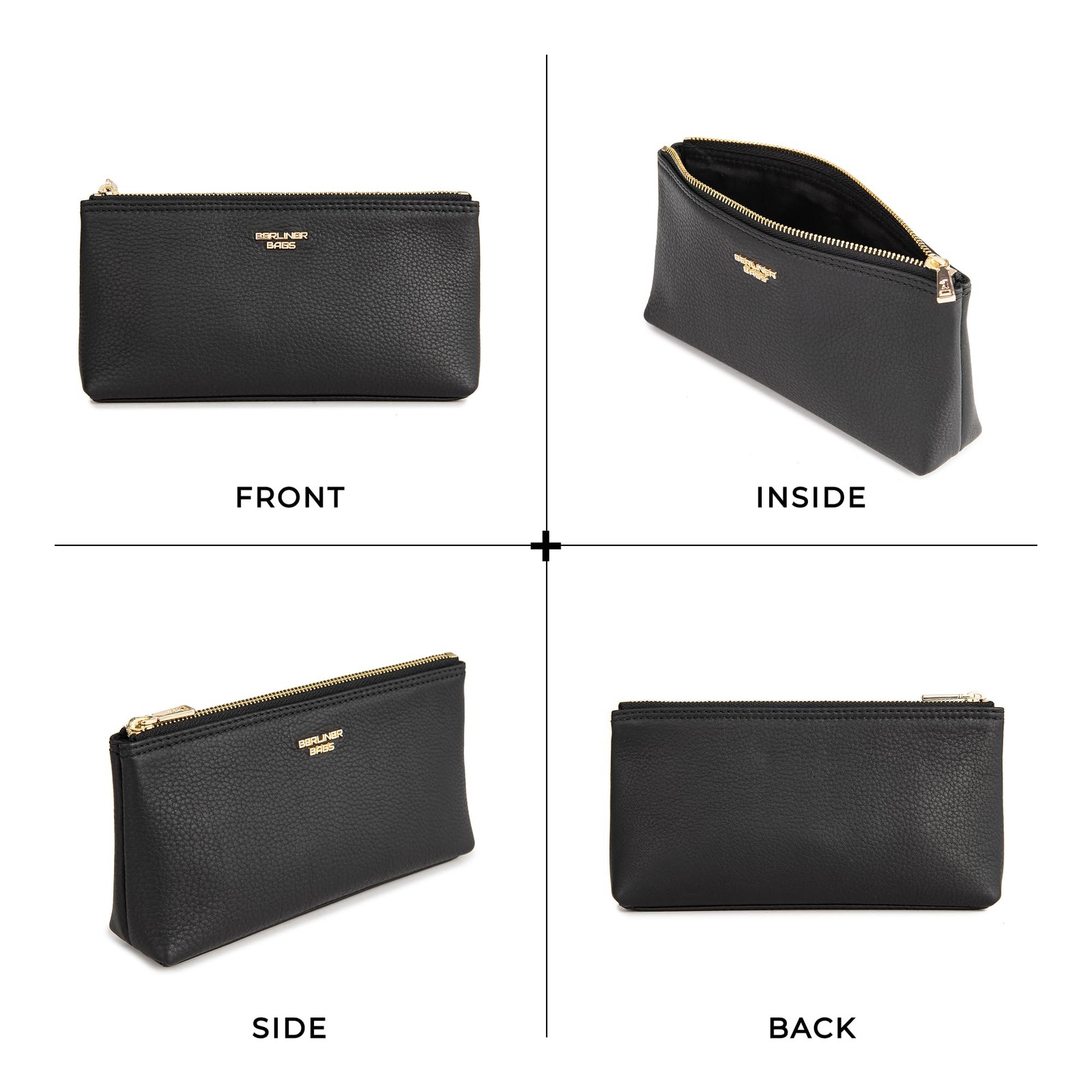 BERLINER BAGS Premium Genuine Leather Makeup Bag Anna, XS, Black/Gold