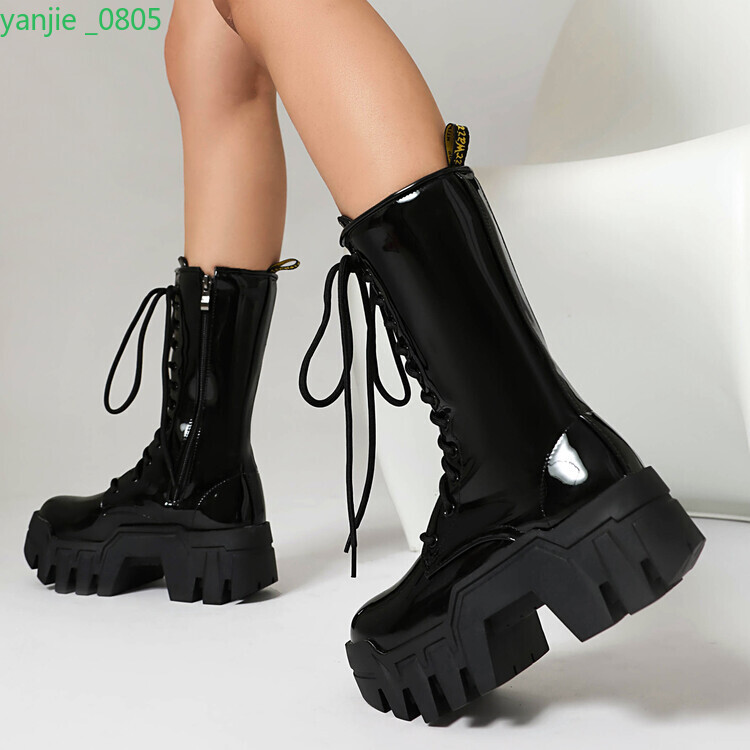 Gothic Women’s Faux Leather Platform Mid Calf Boots Lace Up Shoes Zip Block Heel