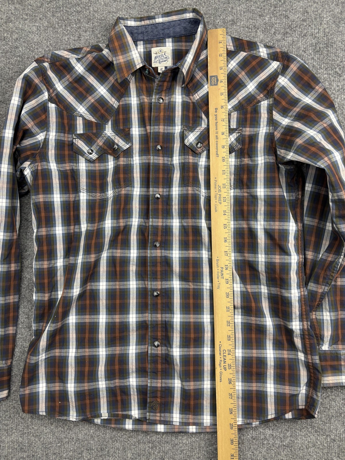 Moon Shine Spirits Shirt Mens Medium Blue Plaid Western Pearl Snap Long Sleeve