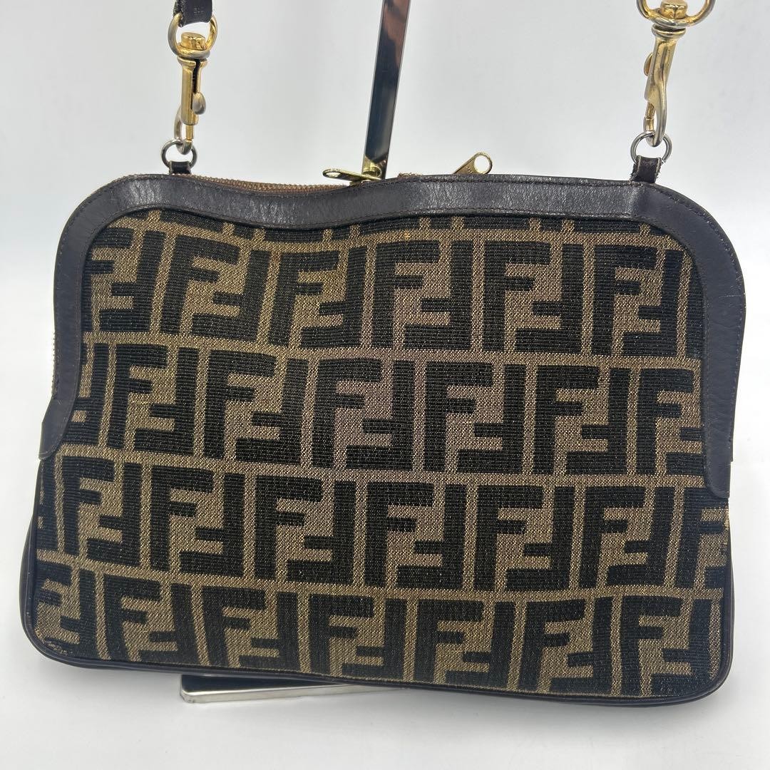 FENDI Zucca FF Shoulder Bag Ziplock Leather Canvas Brown Beige Gold #2702