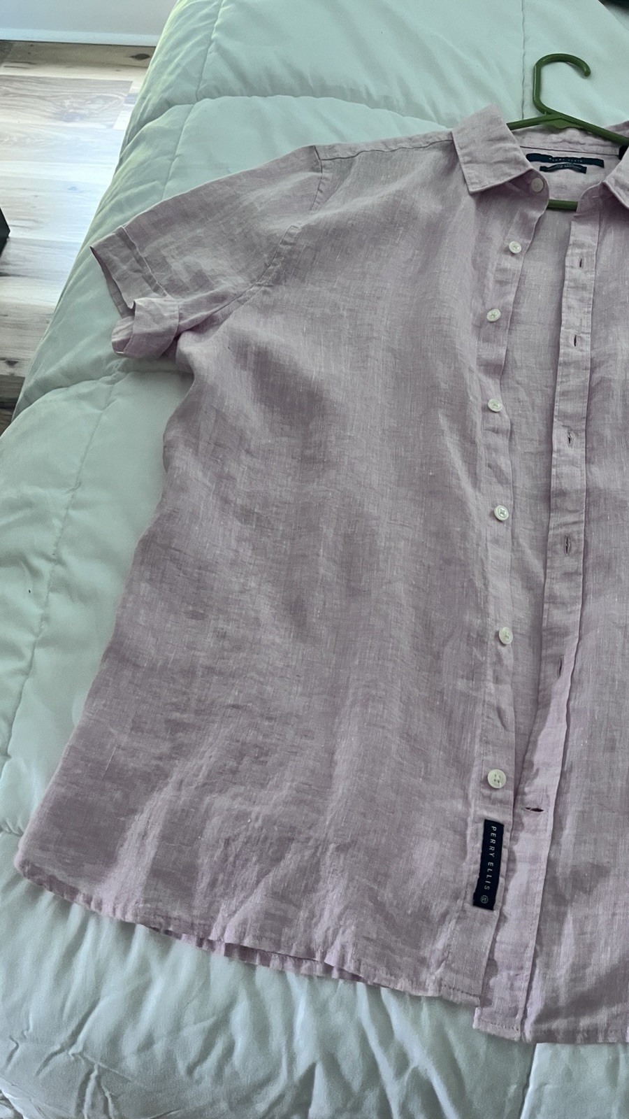 Perry Ellis Men’s Pink Linen Short Sleeve Button-Up Shirt L/G, Machine Wash