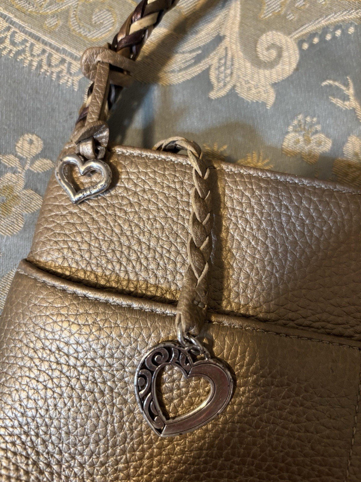 Brighton Gold Pebbled Shoulder Bag Braided Strap Heart Charm Zip Pockets