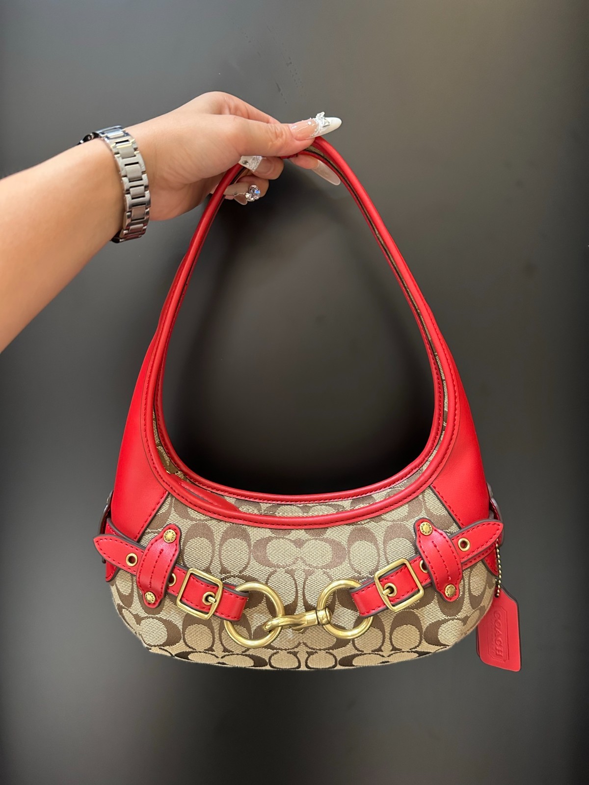 Coach Belted Ergo Shoulder Bag 26 Signature Jacquard CEV10 Poppy Signature