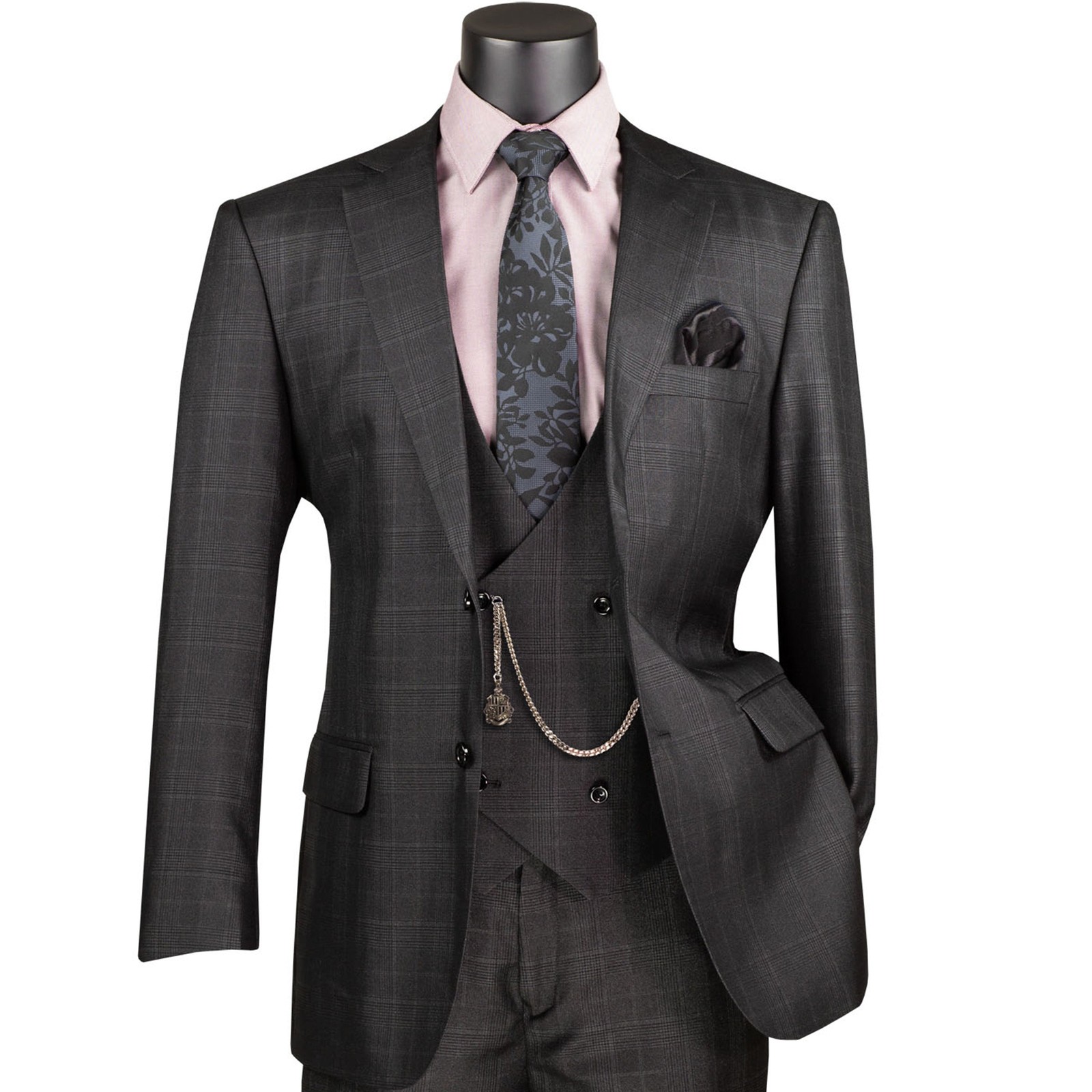 VINCI Men’s Black Sharkskin Glen Plaid 3pc Classic Fit Suit w/ Flex Waist – NEW