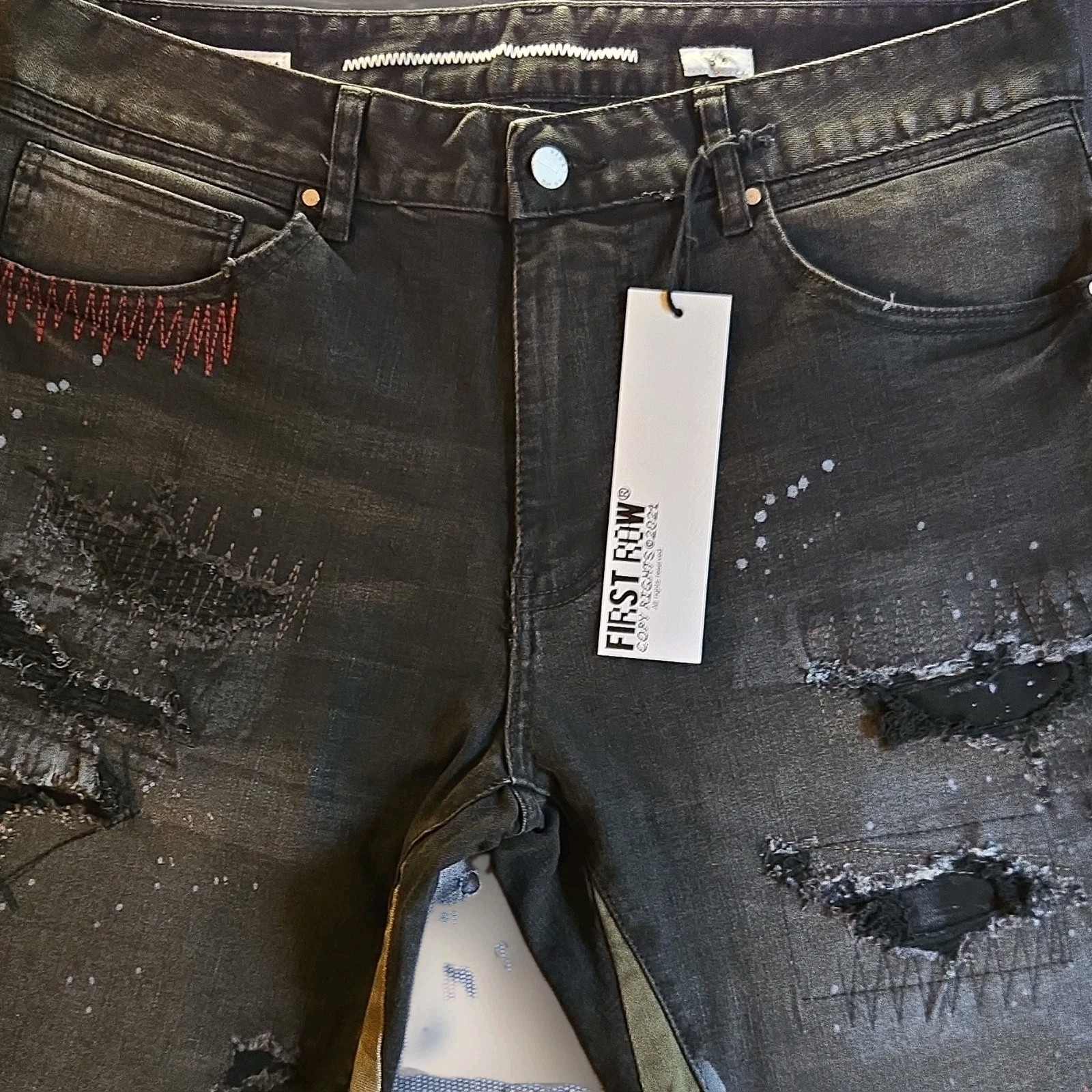 First Row Men’s Black Dark Wash Distressed Skinny Slim Denim Jeans 5-Pocket