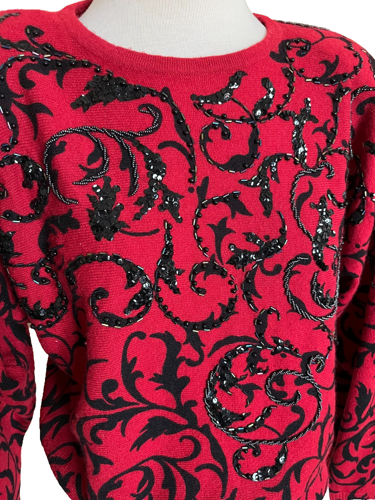 Cache Sweater Top Red Black Sequin Beaded Size Small Angora Wool Holiday Vintage
