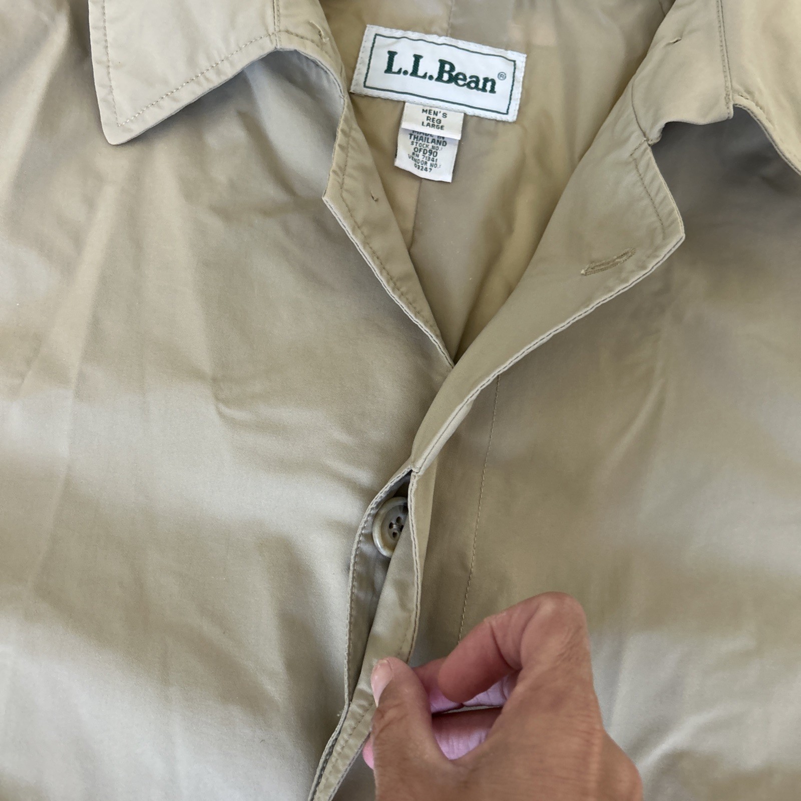 Vintage LL Bean Trench Rain Coat Mens Large Khaki Long Chin Strap Made USA 80s