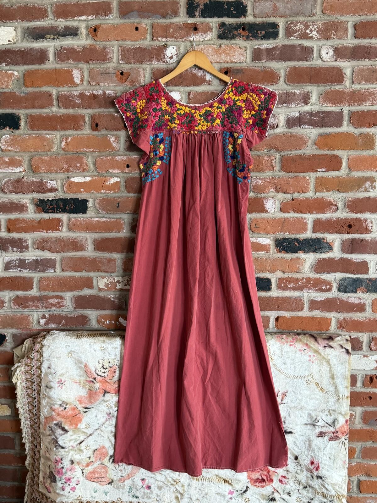 Vintage Embroidered Floral Yoke Midi Dress