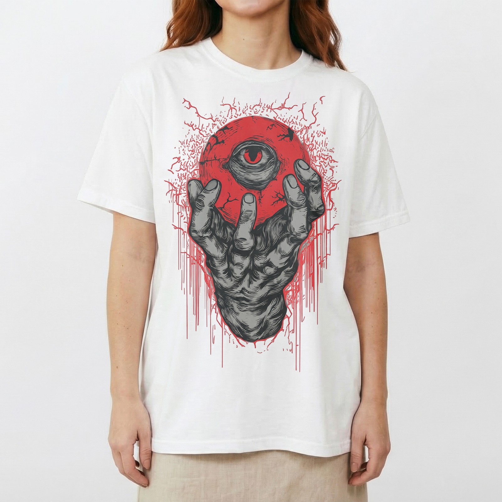 Demon Hand Holding Red Eyeball Horror Dark Gothic T-Shirt Occult Satanic Art Tee
