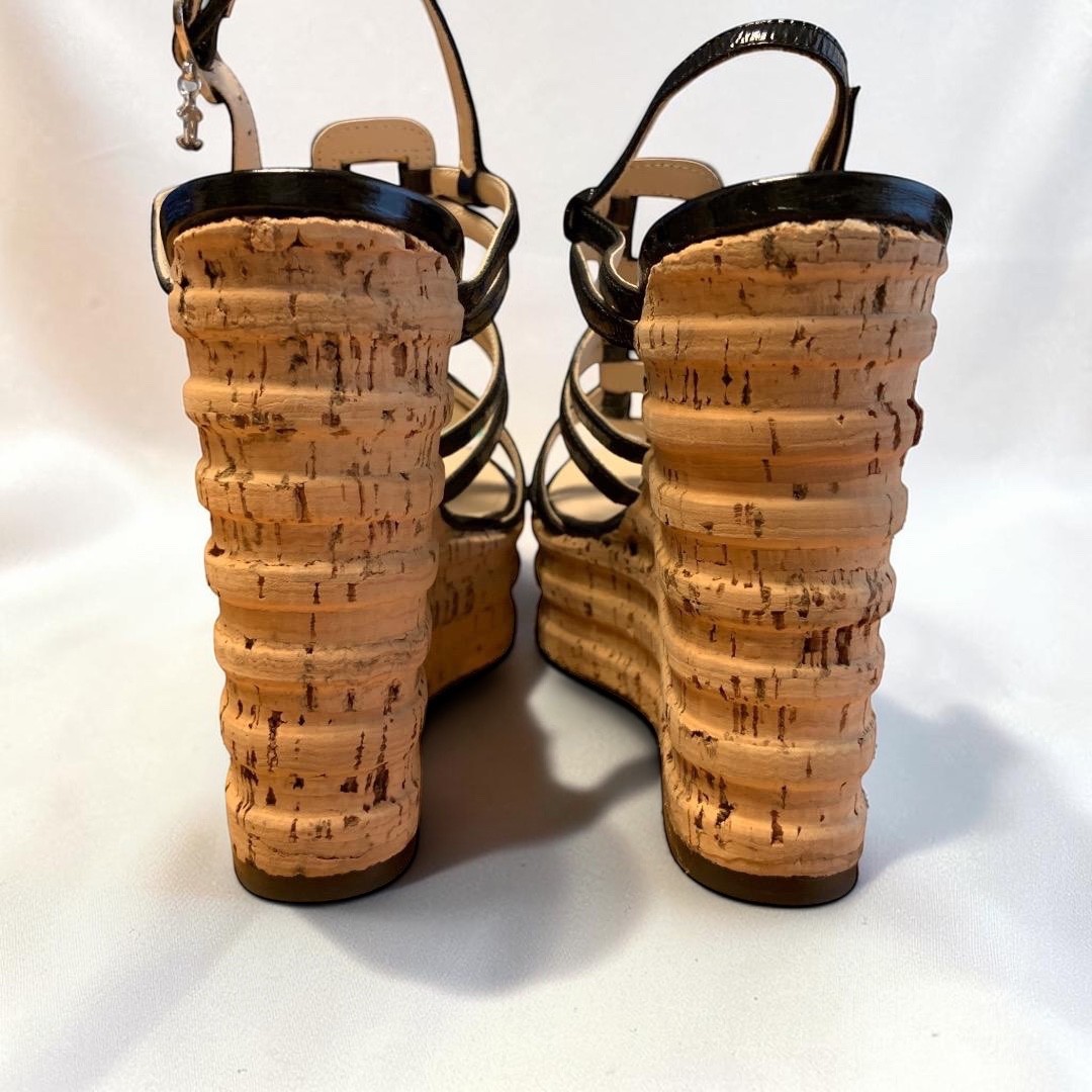 CHANEL CC Logo Coco Mark Patent Leather Strappy Cork Wedge Sandals US 5