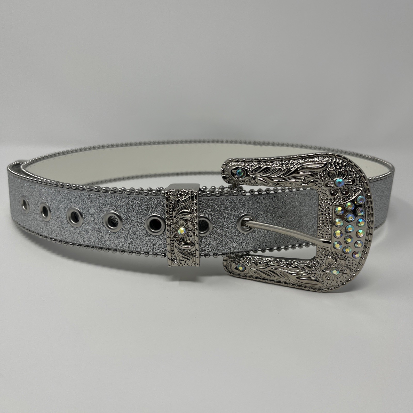 Silver Glitter Rhinestone Belt | Bling Western Cowboy Crystal Buckle – 40 Inches
