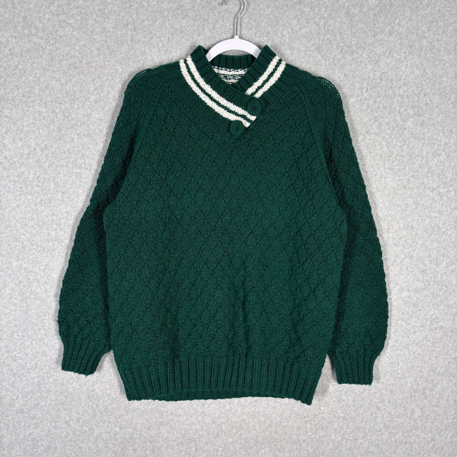 Vintage Homemade Fisherman Sweater Large Argyle Tennis Prep Knit Buttons Retro