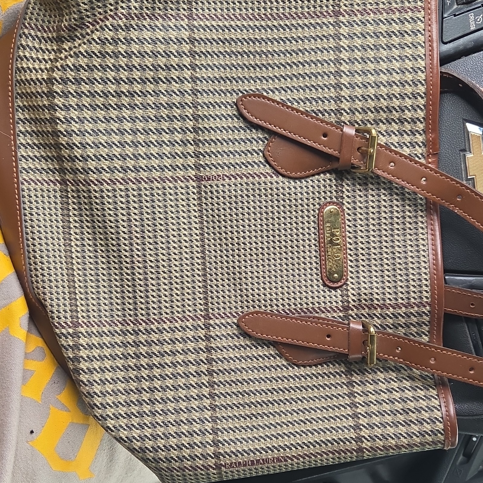 Polo Ralph Lauren Men’s Plaid Messenger Bag Beige/Brown Buckle Zip Shoulder